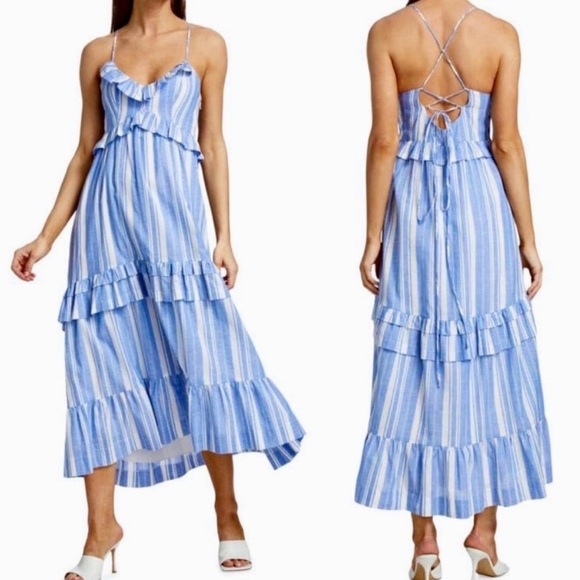 5 a 7 Cinq a Sept Addy Maxi Dress Blue White Stripe 14 Ruffled Halter Neck - Picture 1 of 12